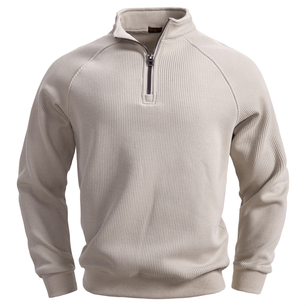 Men's Simple Casual Ribbed Stand-up Collar Quarter Zip Raglan Sleeve Sweatshirt