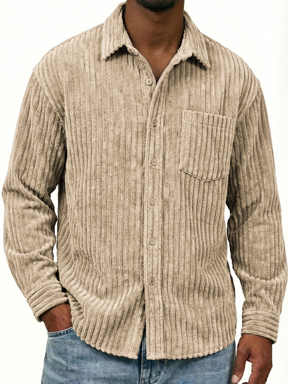 Men's Stylish Wide-corduroy Long-sleeved Shirt with Chest Pocket