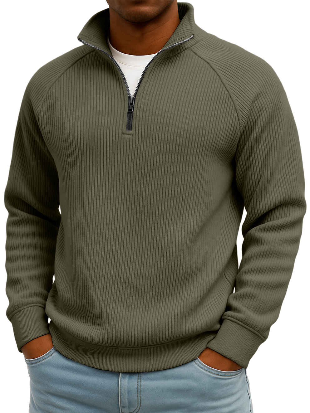 Men's Simple Casual Ribbed Stand-up Collar Quarter Zip Raglan Sleeve Sweatshirt