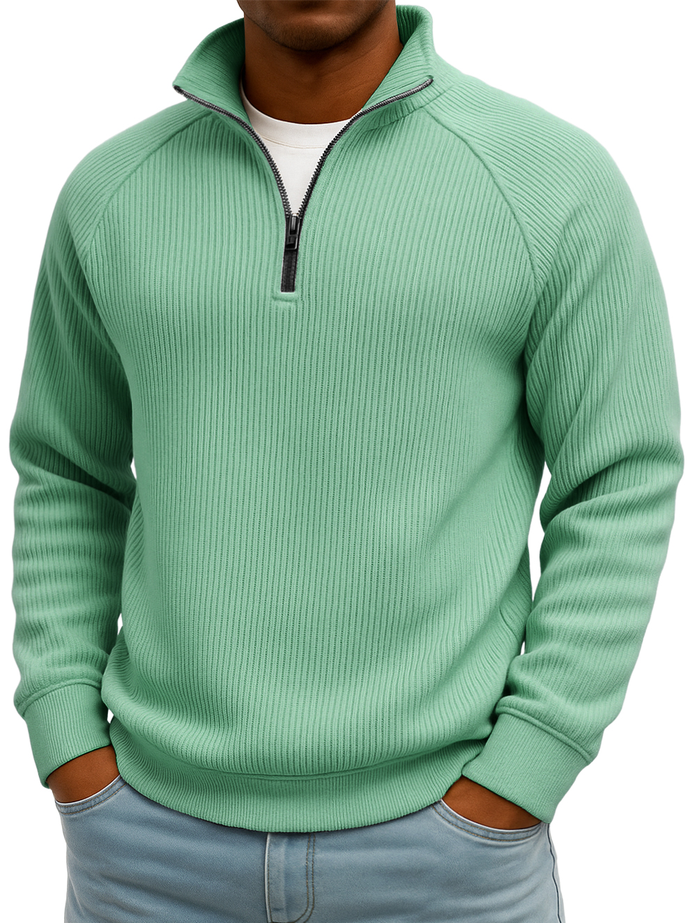 Men's Simple Casual Ribbed Stand-up Collar Quarter Zip Raglan Sleeve Sweatshirt