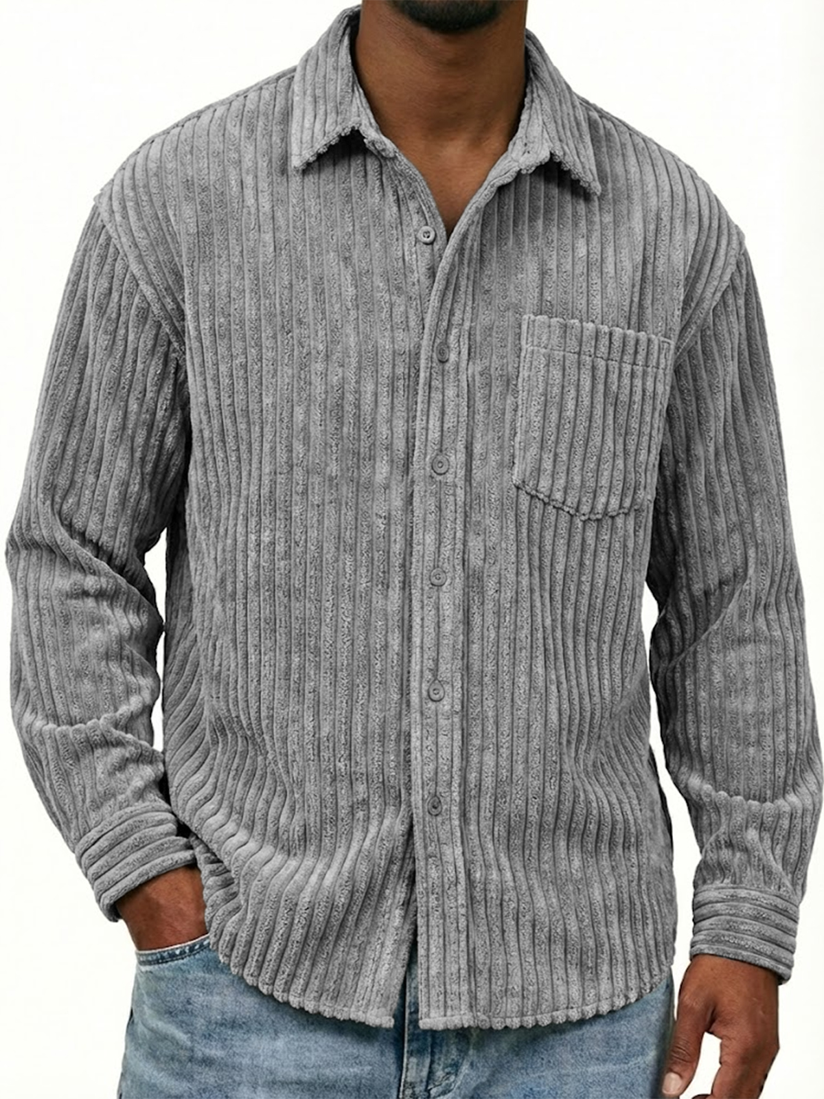 Men's Stylish Wide-corduroy Long-sleeved Shirt with Chest Pocket