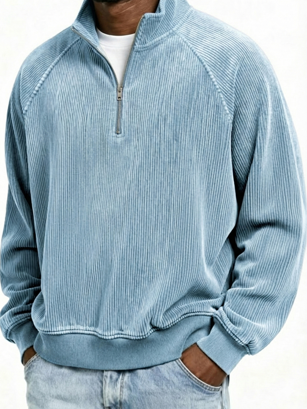 Men's Simple Ribbed Quarter-Zip Raglan Sleeve Pullover Polo Shirt