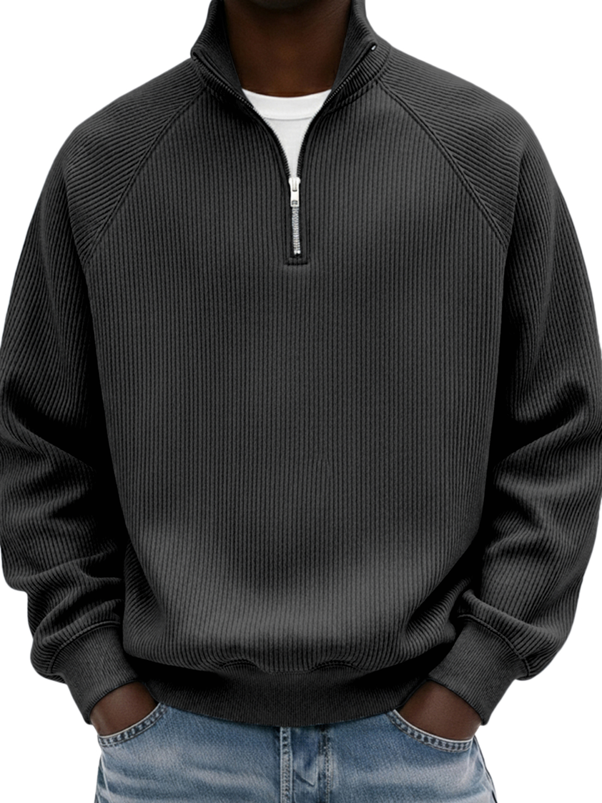 Men's Simple Ribbed Raglan Sleeve Quarter-zip Polo Shirt