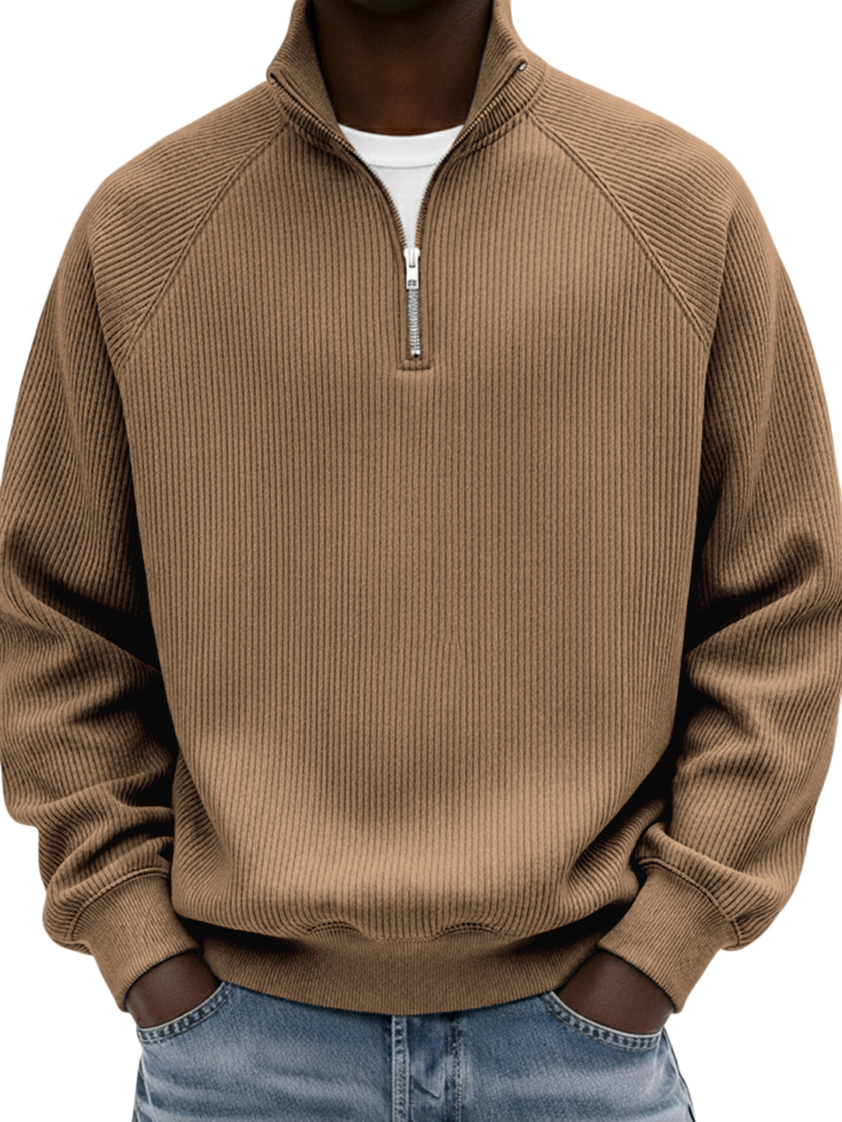 Men's Simple Ribbed Raglan Sleeve Quarter-zip Polo Shirt