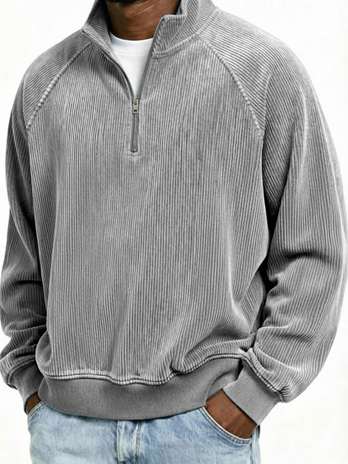 Men's Simple Ribbed Quarter-Zip Raglan Sleeve Pullover Polo Shirt