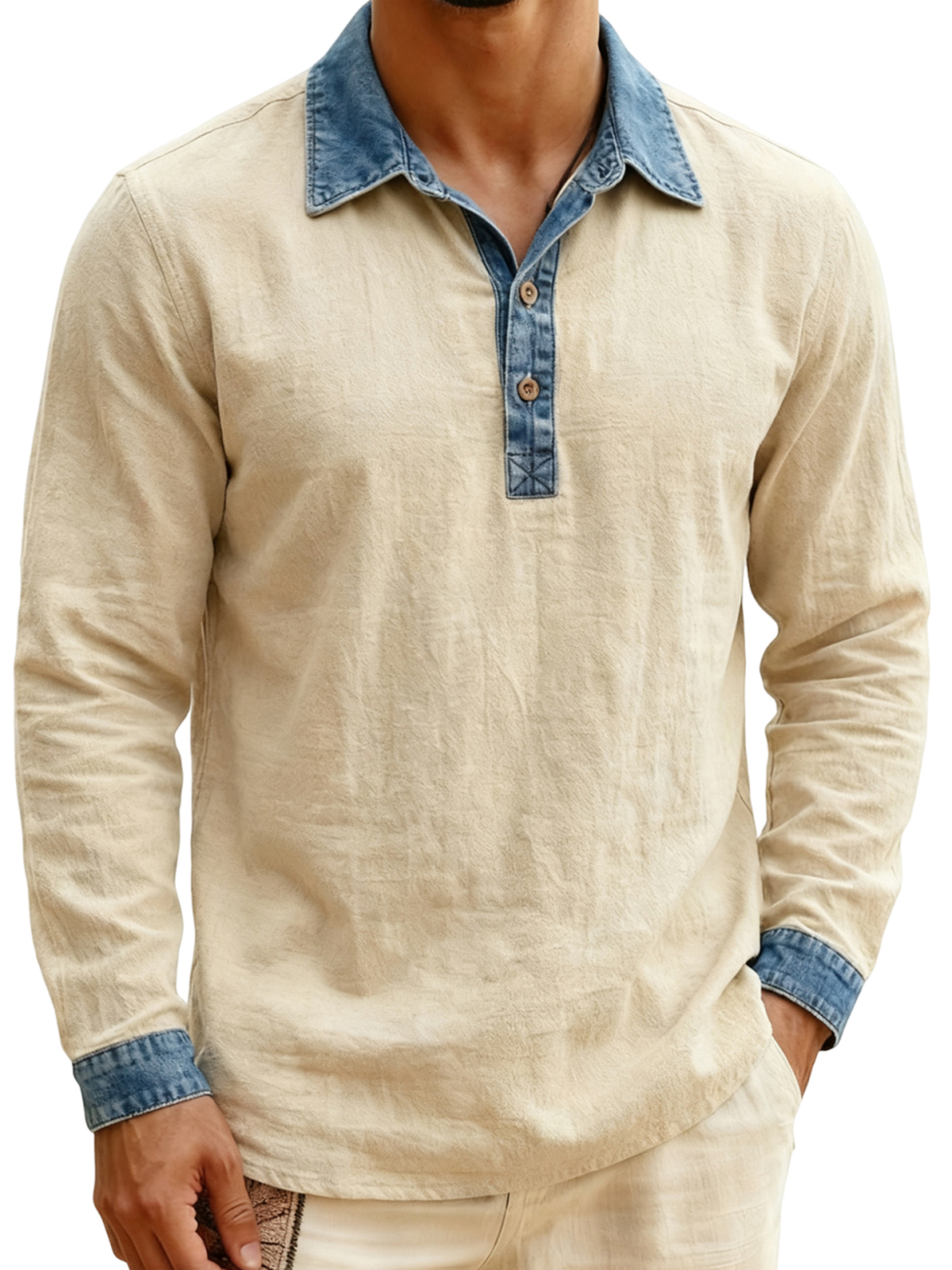 Men's Vintage Breathable Linen Denim Color-blocked Pullover Polo Shirt