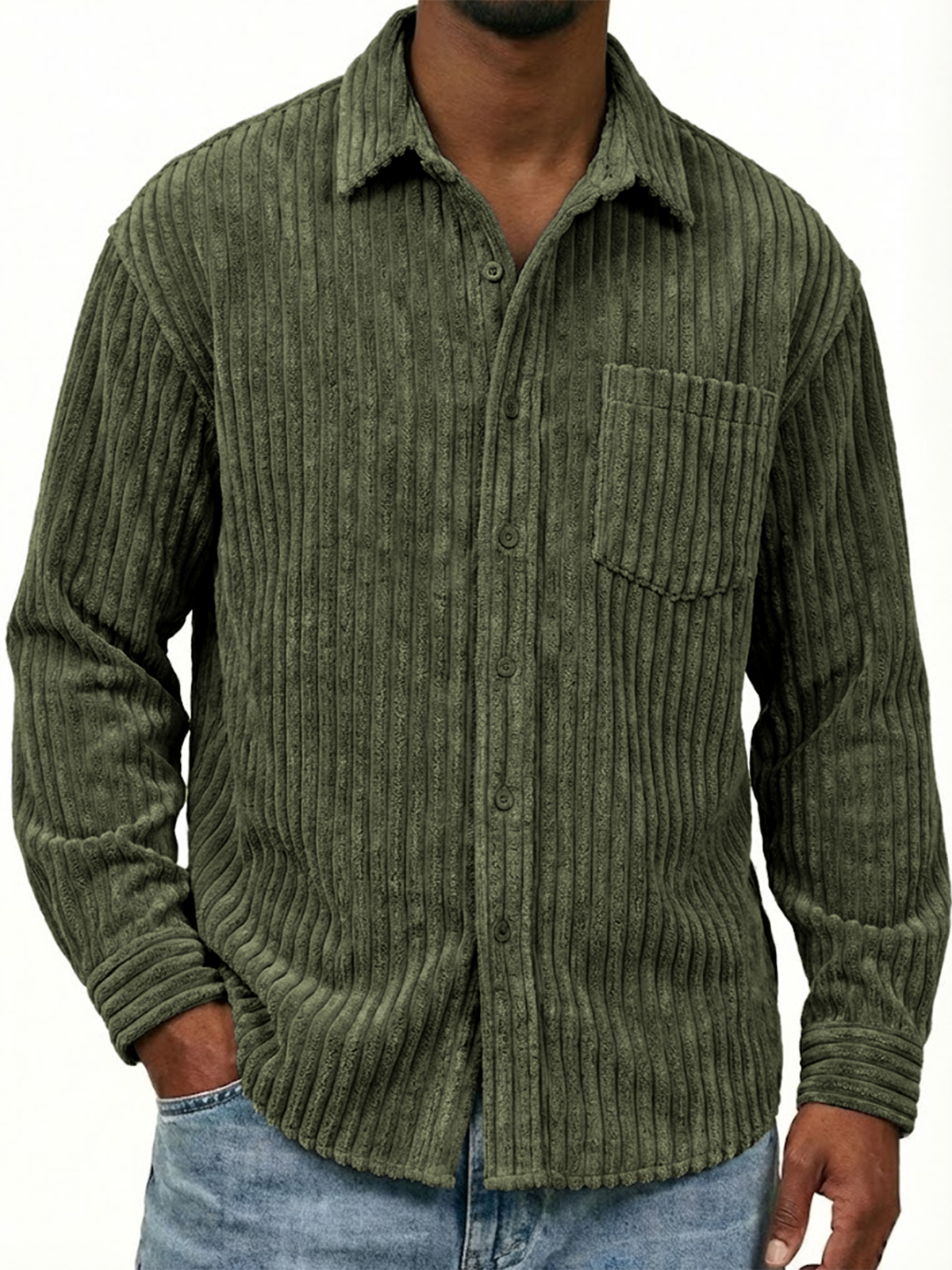 Men's Stylish Wide-corduroy Long-sleeved Shirt with Chest Pocket