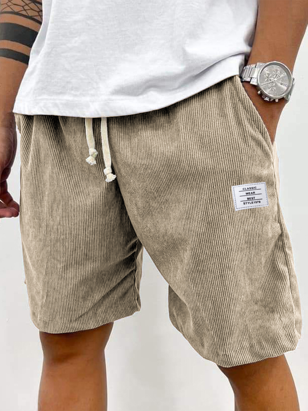 Men's Stylish Corduroy Simple Embroidered Logo Casual Lace-up Loose Shorts