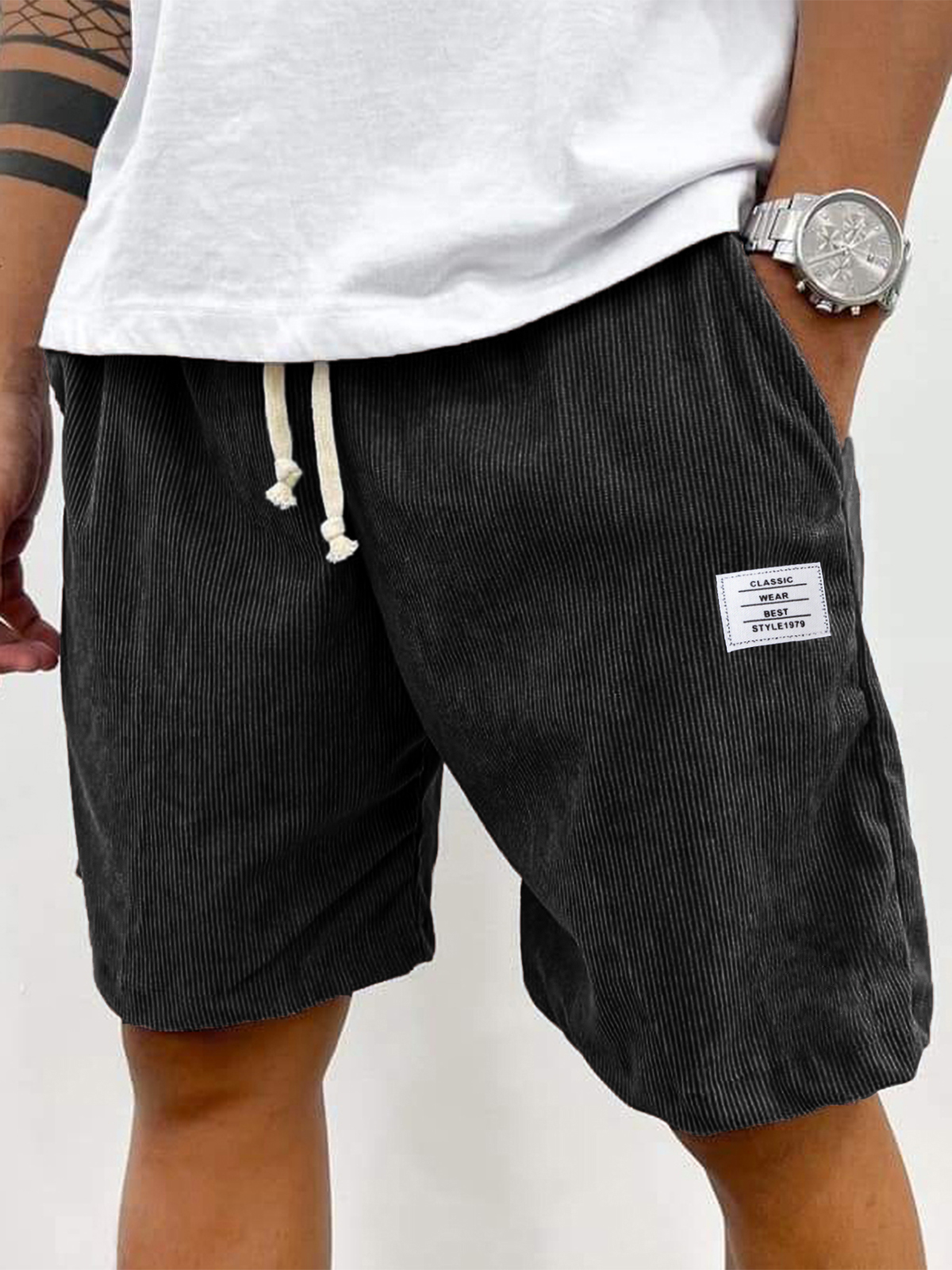 Men's Stylish Corduroy Simple Embroidered Logo Casual Lace-up Loose Shorts