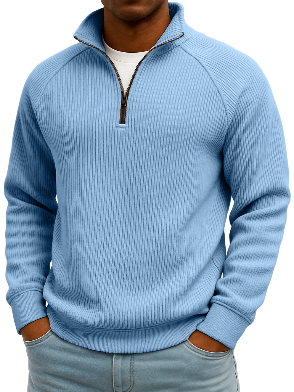 Men's Simple Casual Ribbed Stand-up Collar Quarter Zip Raglan Sleeve S