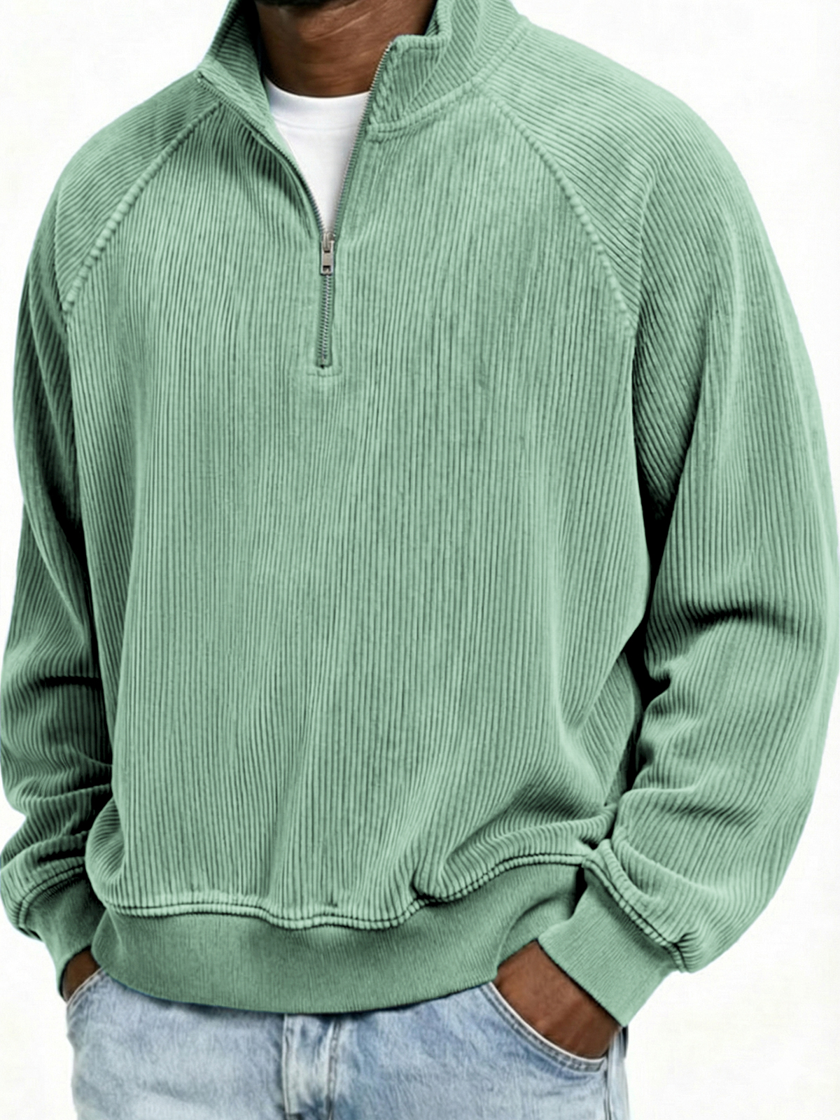 Men's Simple Ribbed Quarter-Zip Raglan Sleeve Pullover Polo Shirt
