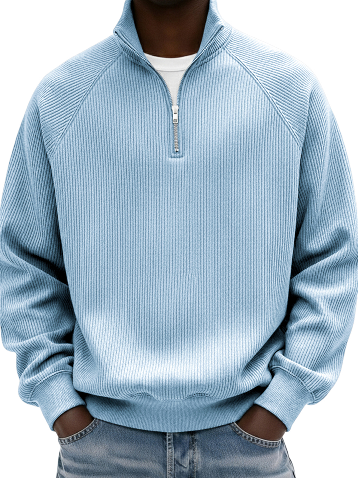 Men's Simple Ribbed Raglan Sleeve Quarter-zip Polo Shirt