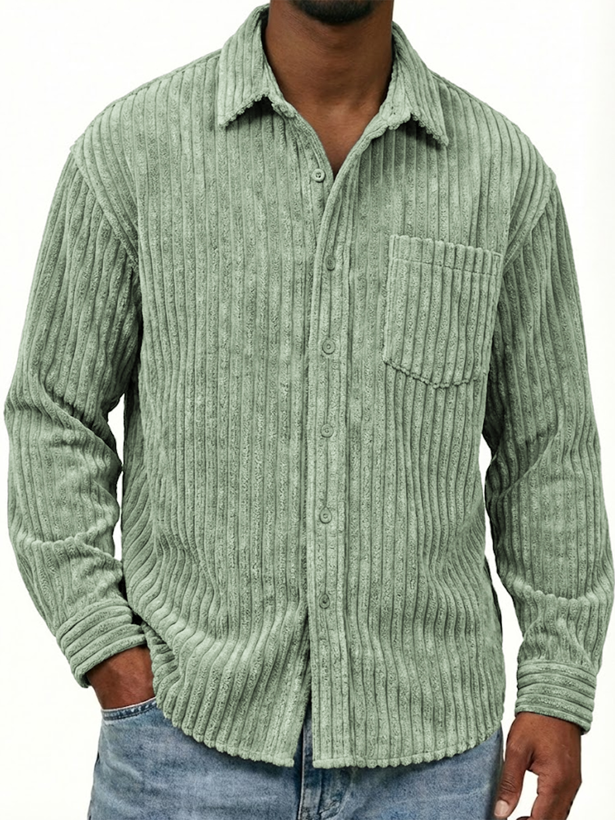 Men's Stylish Wide-corduroy Long-sleeved Shirt with Chest Pocket