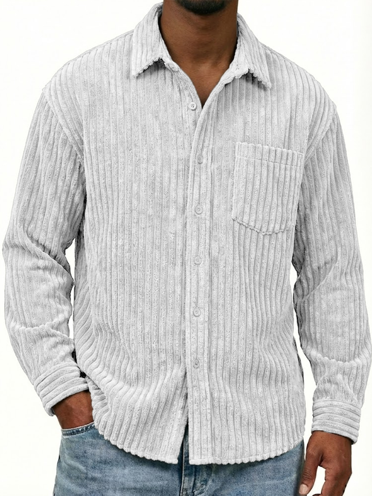 Men's Stylish Wide-corduroy Long-sleeved Shirt with Chest Pocket