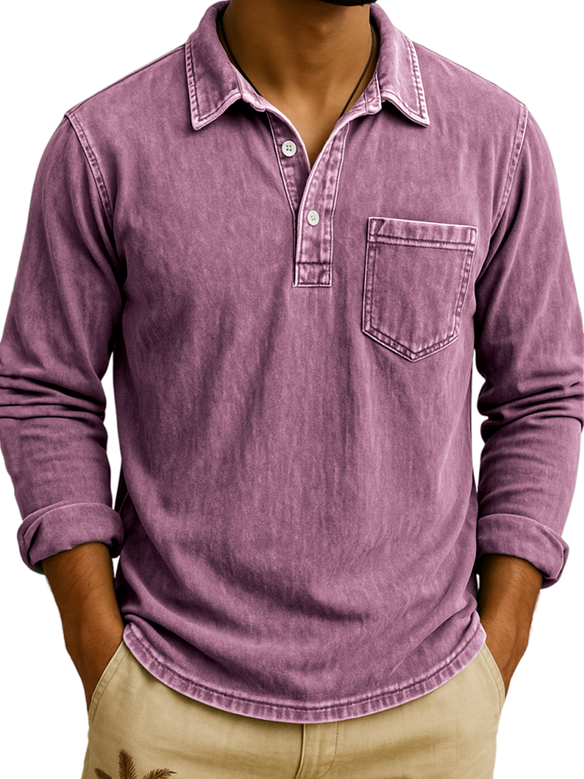 Men's Vintage Long Sleeve Polo Shirt with Chest Pocket
