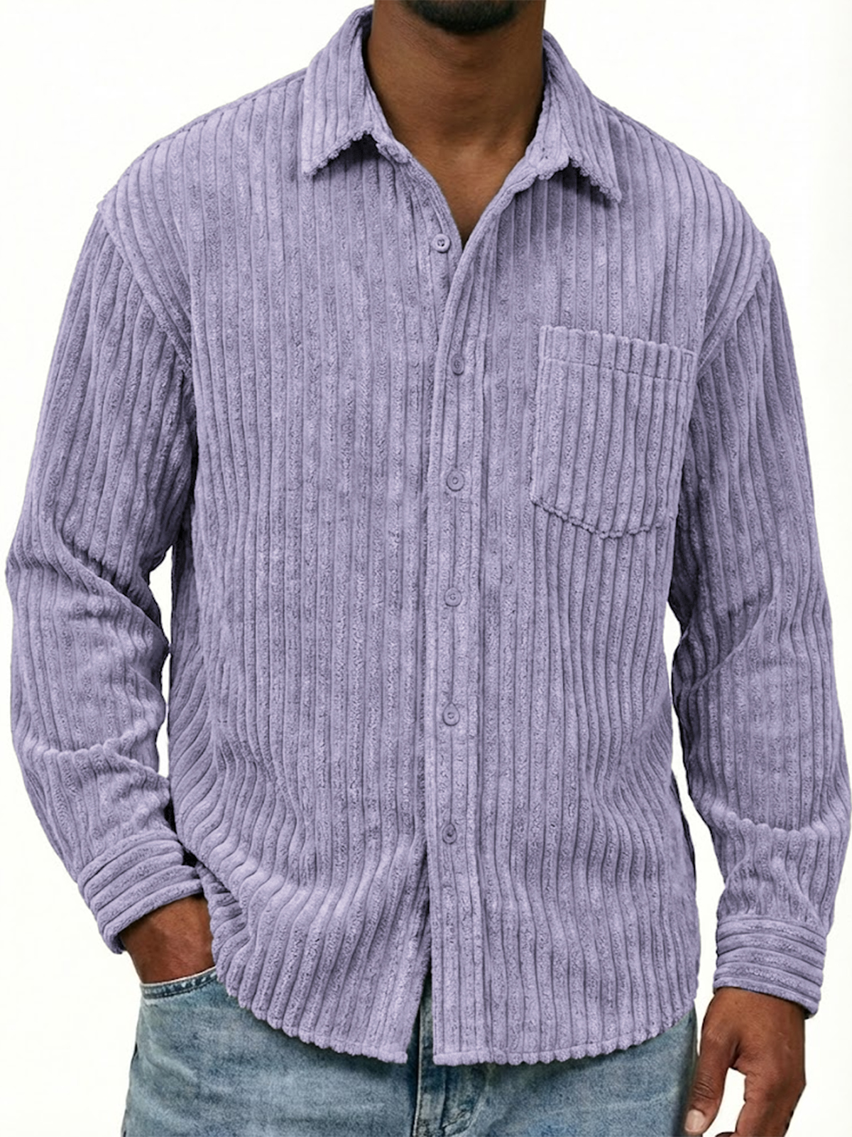 Men's Stylish Wide-corduroy Long-sleeved Shirt with Chest Pocket