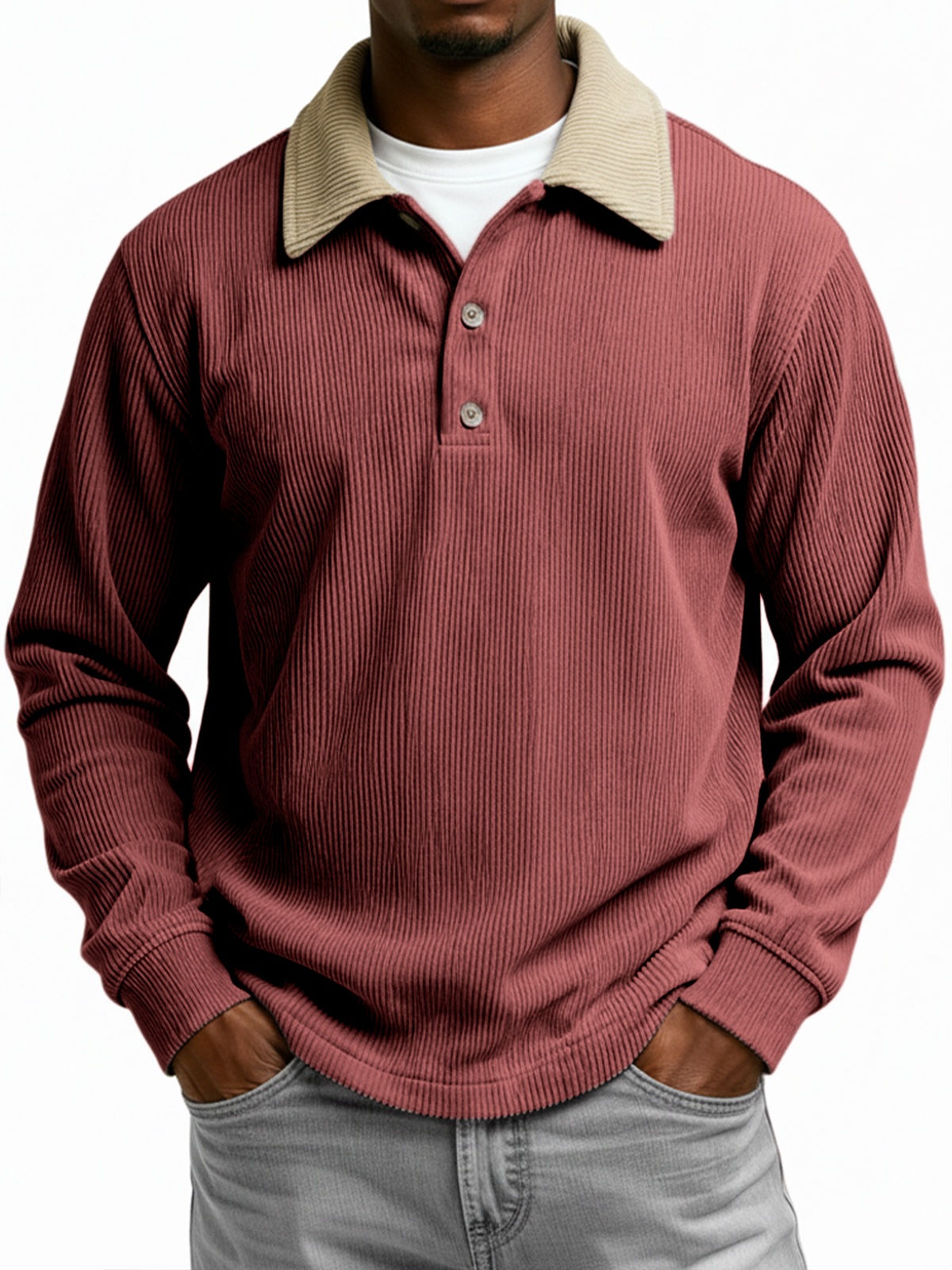 Men's Color-blocked Ribbed Collar Long-sleeved Button-down Polo Shirt
