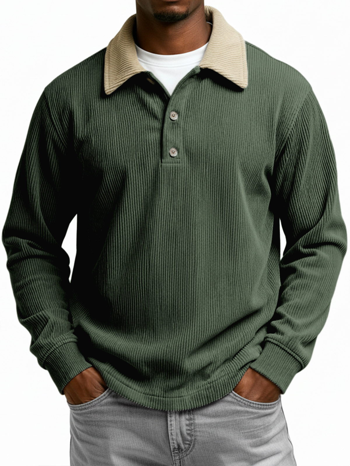 Men's Color-blocked Ribbed Collar Long-sleeved Button-down Polo Shirt
