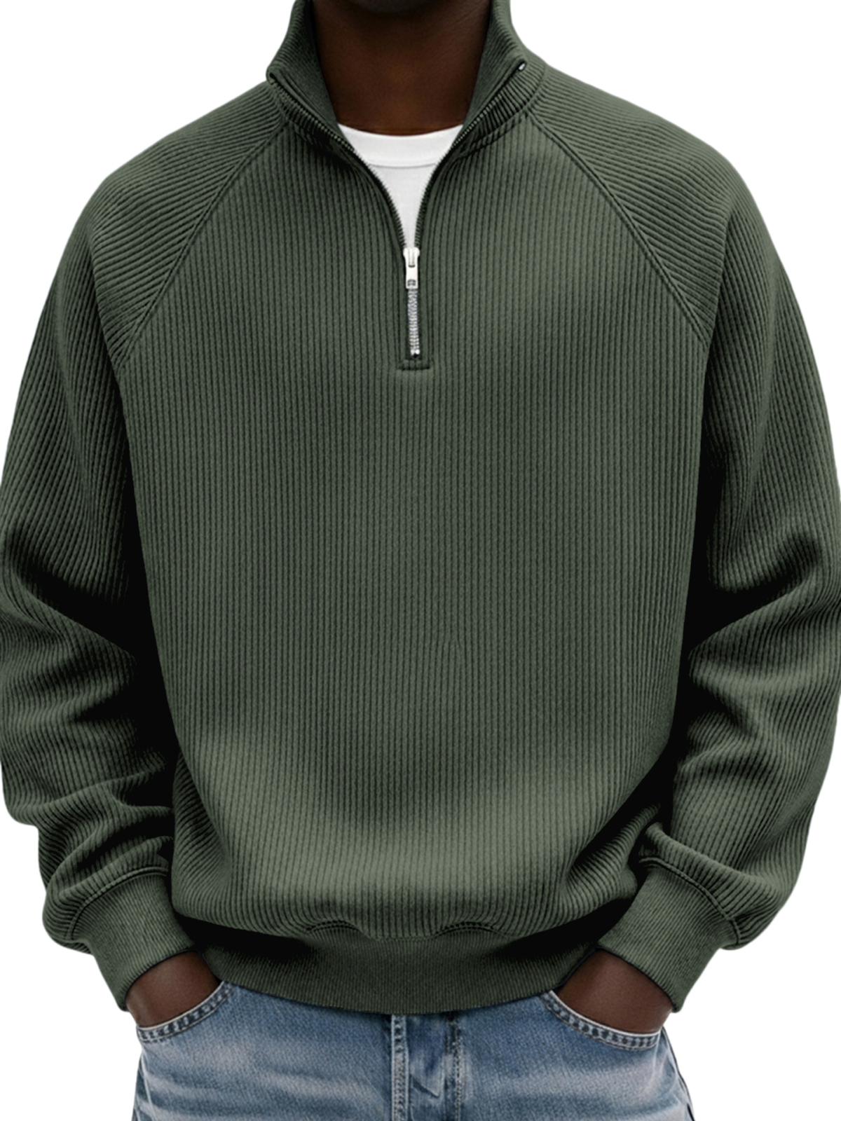 Men's Simple Ribbed Raglan Sleeve Quarter-zip Polo Shirt