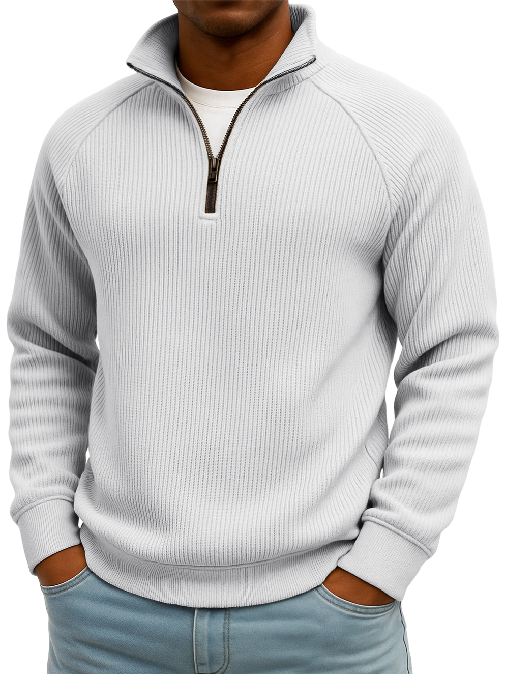 Men's Simple Casual Ribbed Stand-up Collar Quarter Zip Raglan Sleeve Sweatshirt