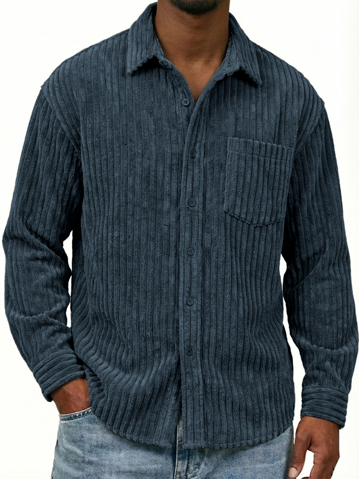 Men's Stylish Wide-corduroy Long-sleeved Shirt with Chest Pocket