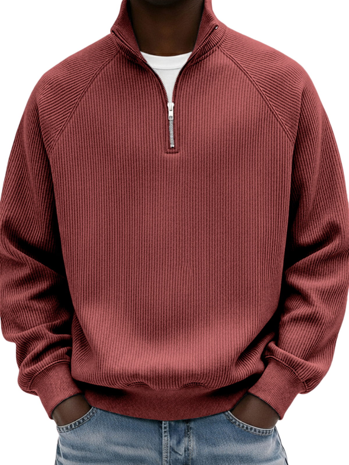 Men's Simple Ribbed Raglan Sleeve Quarter-zip Polo Shirt
