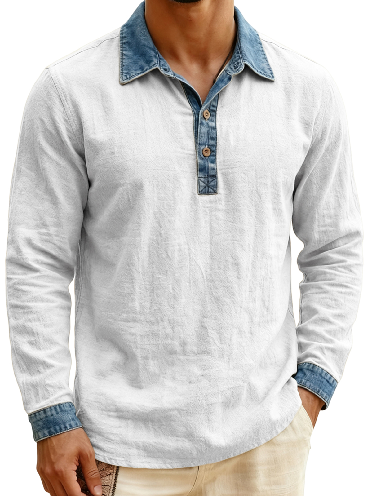 Men's Vintage Breathable Linen Denim Color-blocked Pullover Polo Shirt