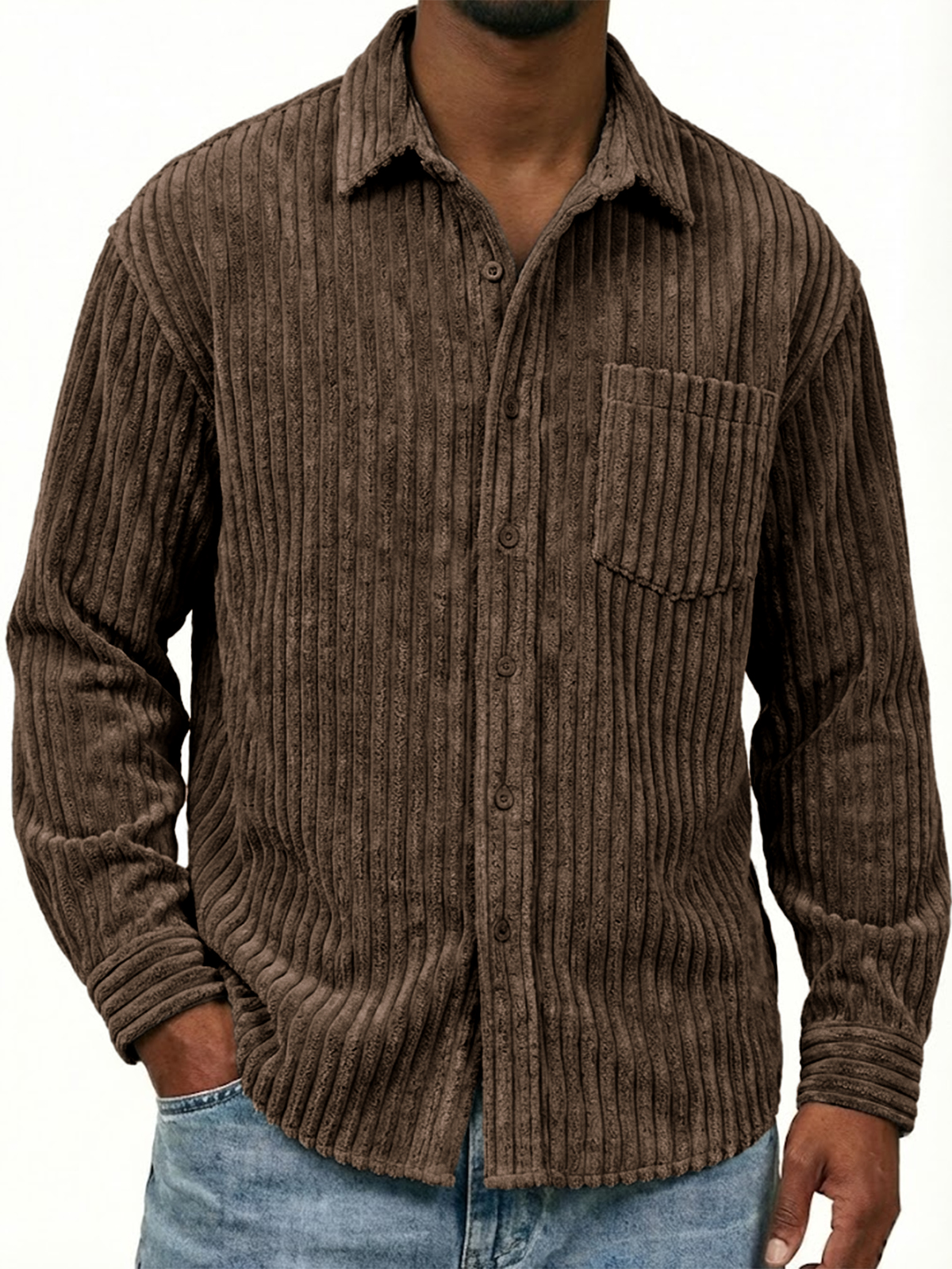 Men's Stylish Wide-corduroy Long-sleeved Shirt with Chest Pocket