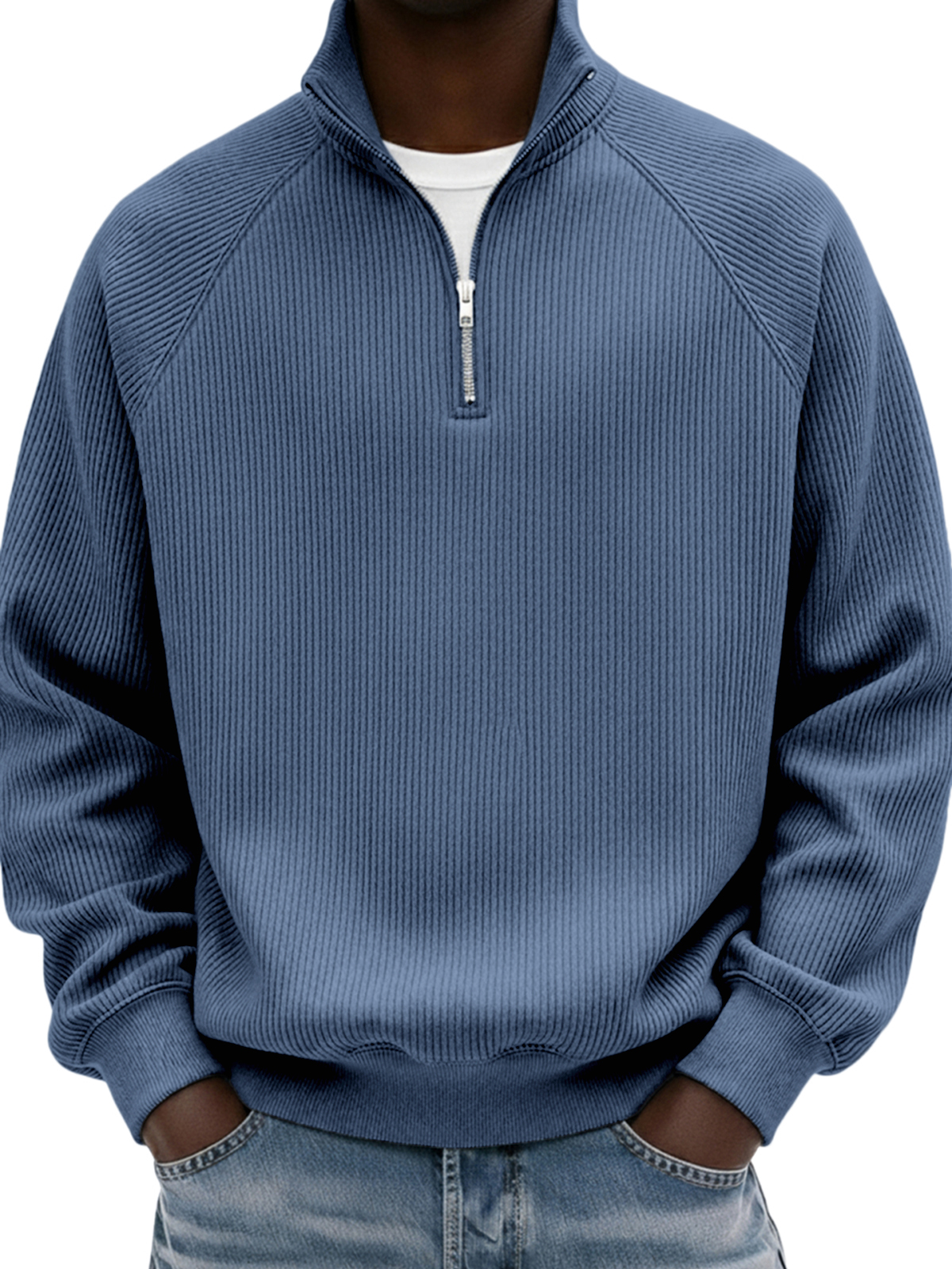 Men's Simple Ribbed Raglan Sleeve Quarter-zip Polo Shirt