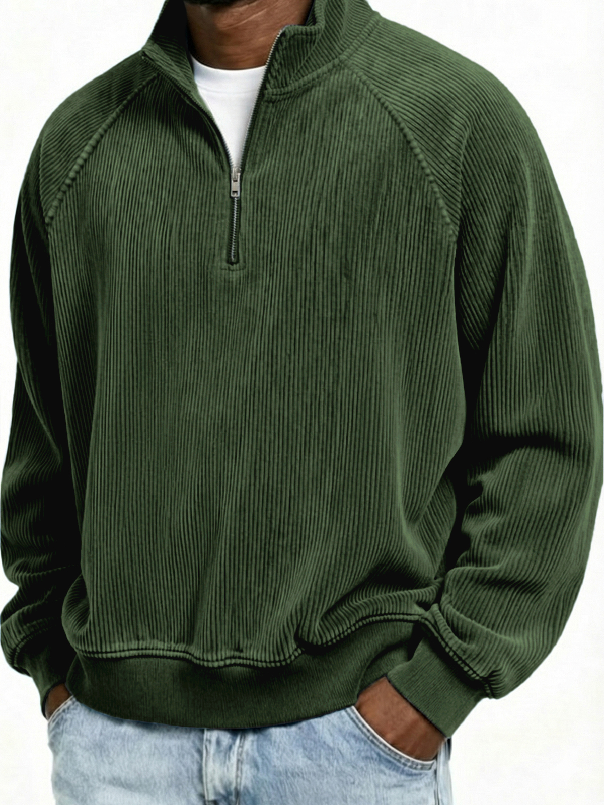 Men's Simple Ribbed Quarter-Zip Raglan Sleeve Pullover Polo Shirt