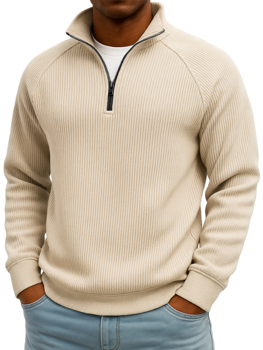 Men's Simple Casual Ribbed Stand-up Collar Quarter Zip Raglan Sleeve Sweatshirt