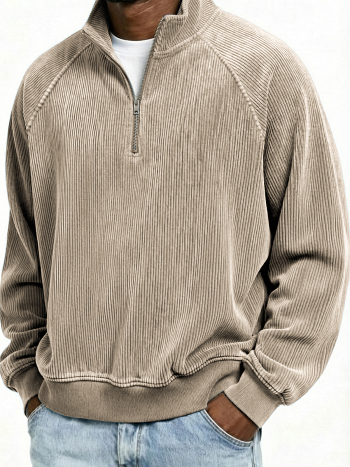 Men's Simple Ribbed Quarter-Zip Raglan Sleeve Pullover Polo Shirt