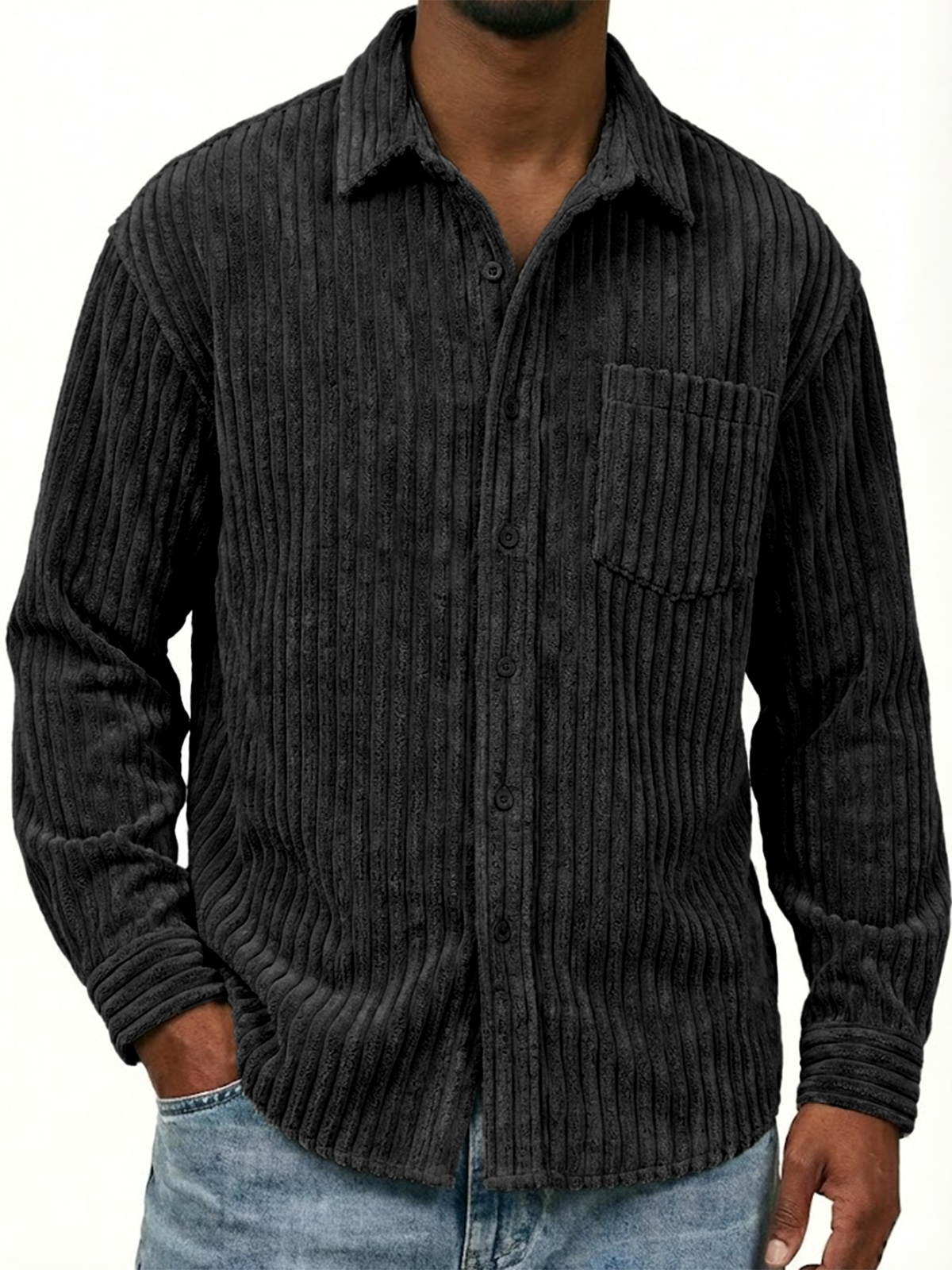 Men's Stylish Wide-corduroy Long-sleeved Shirt with Chest Pocket