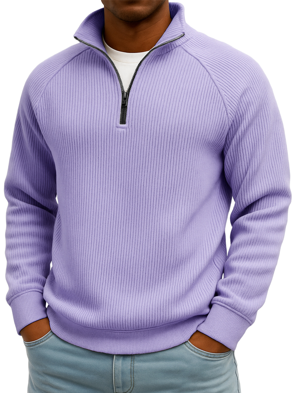 Men's Simple Casual Ribbed Stand-up Collar Quarter Zip Raglan Sleeve Sweatshirt