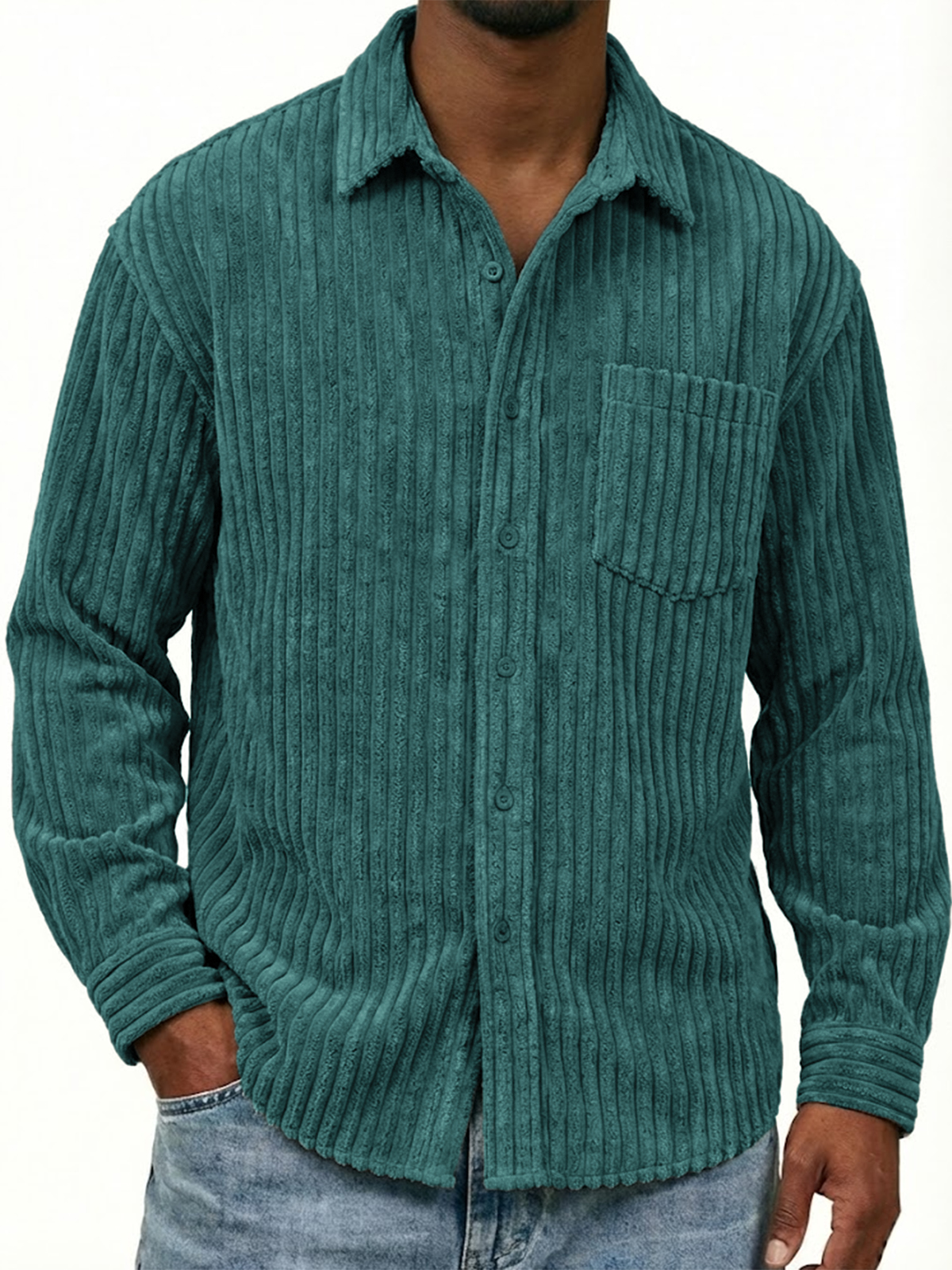 Men's Stylish Wide-corduroy Long-sleeved Shirt with Chest Pocket