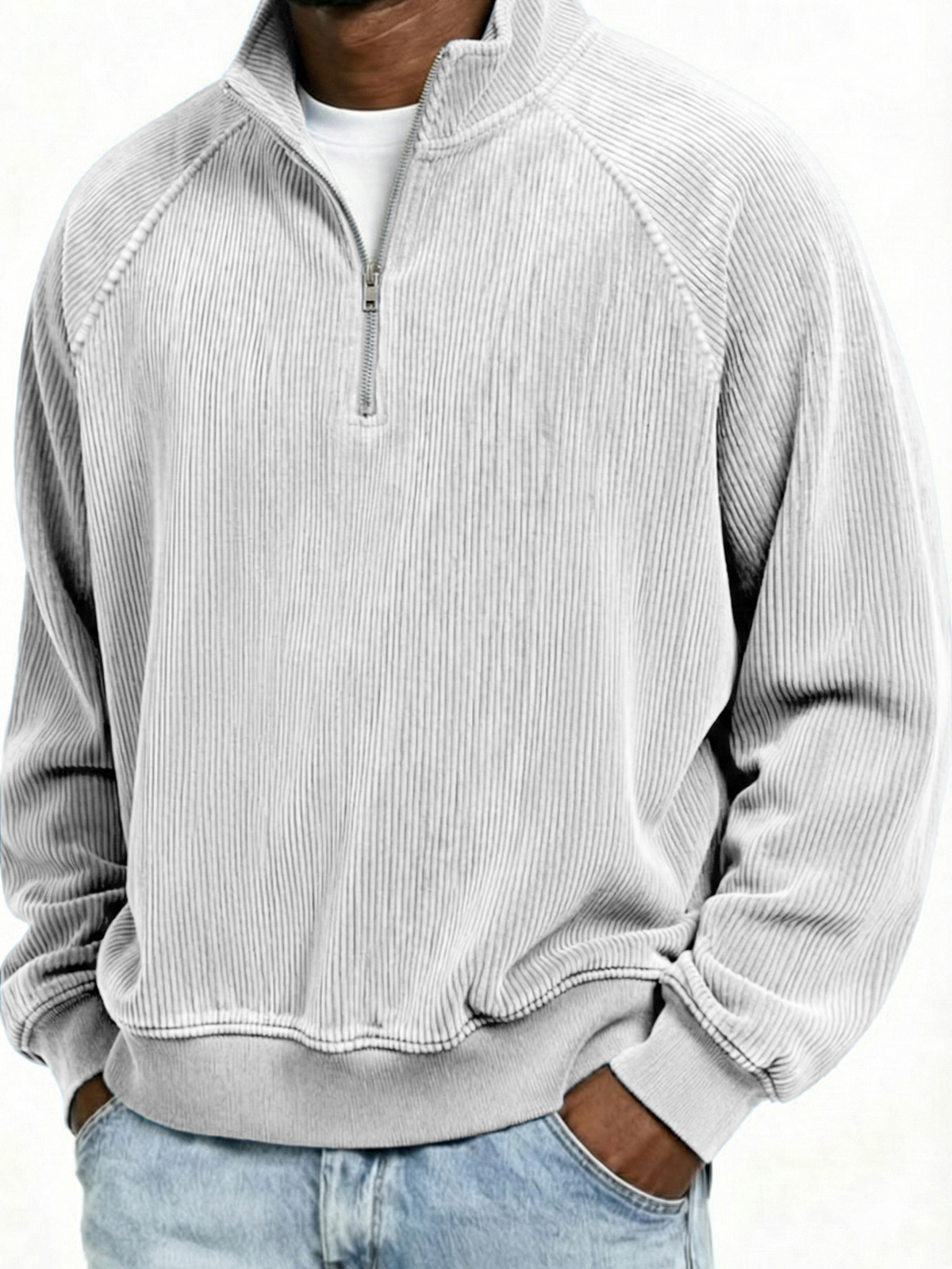 Men's Simple Ribbed Quarter-Zip Raglan Sleeve Pullover Polo Shirt