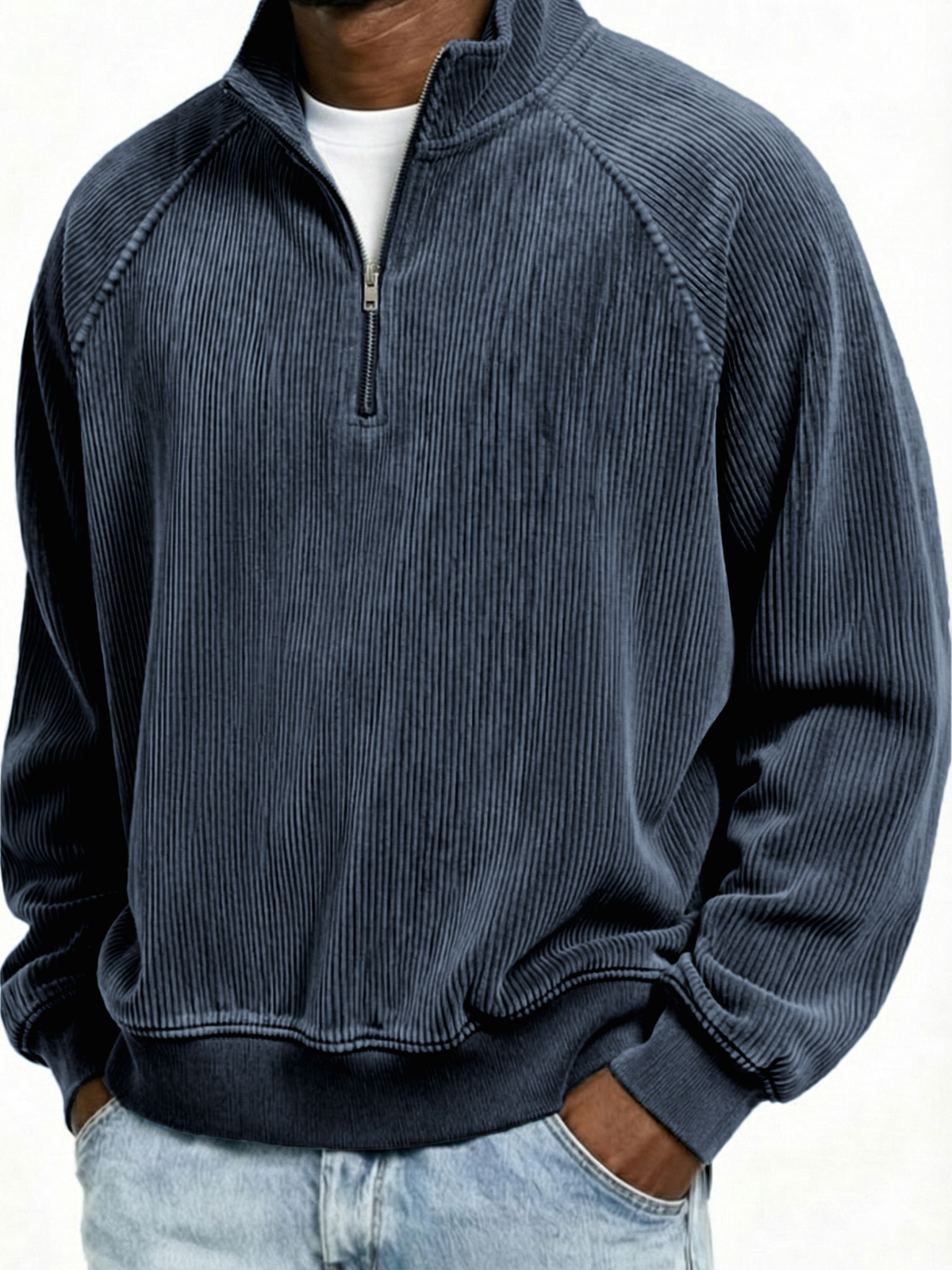 Men's Simple Ribbed Quarter-Zip Raglan Sleeve Pullover Polo Shirt
