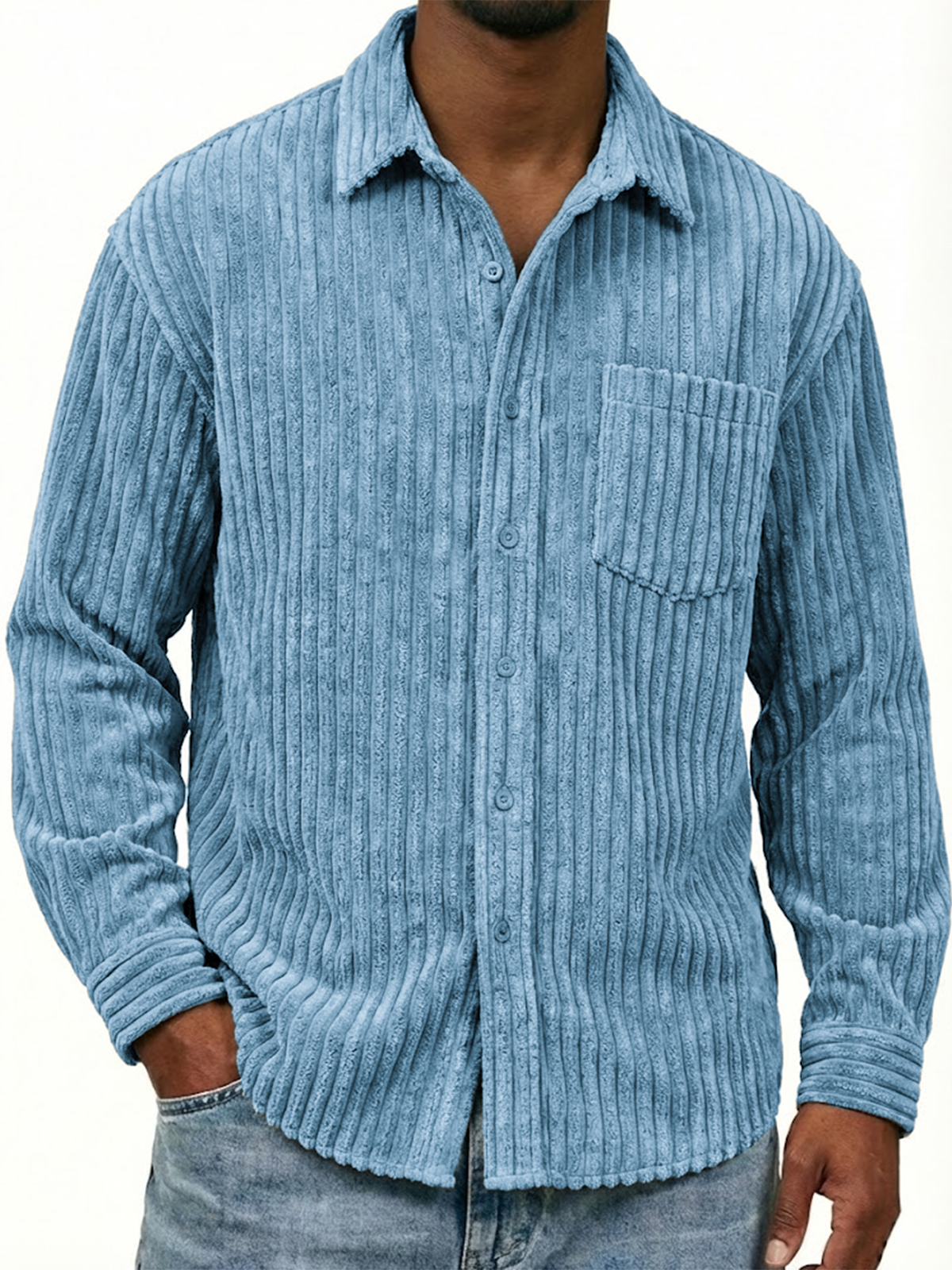 Men's Stylish Wide-corduroy Long-sleeved Shirt with Chest Pocket