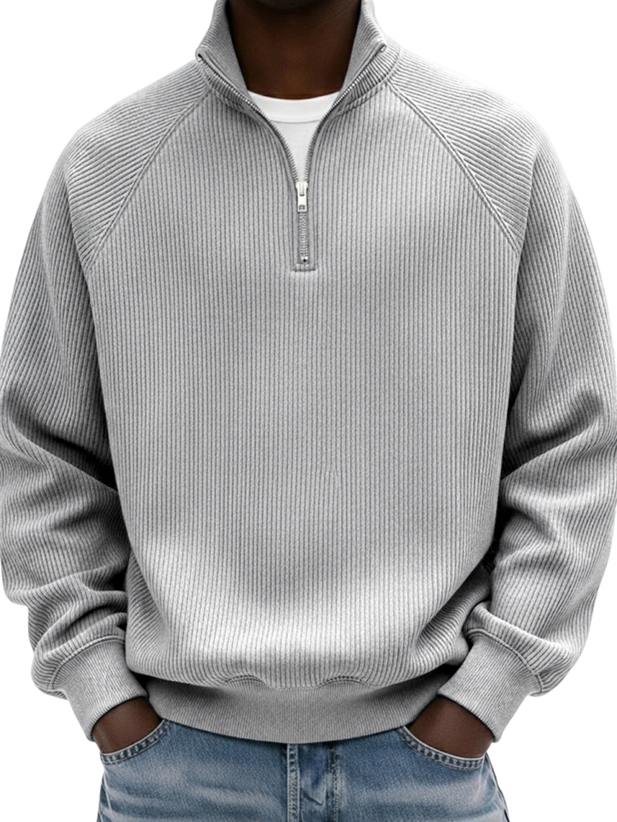 Men's Simple Ribbed Raglan Sleeve Quarter-zip Polo Shirt