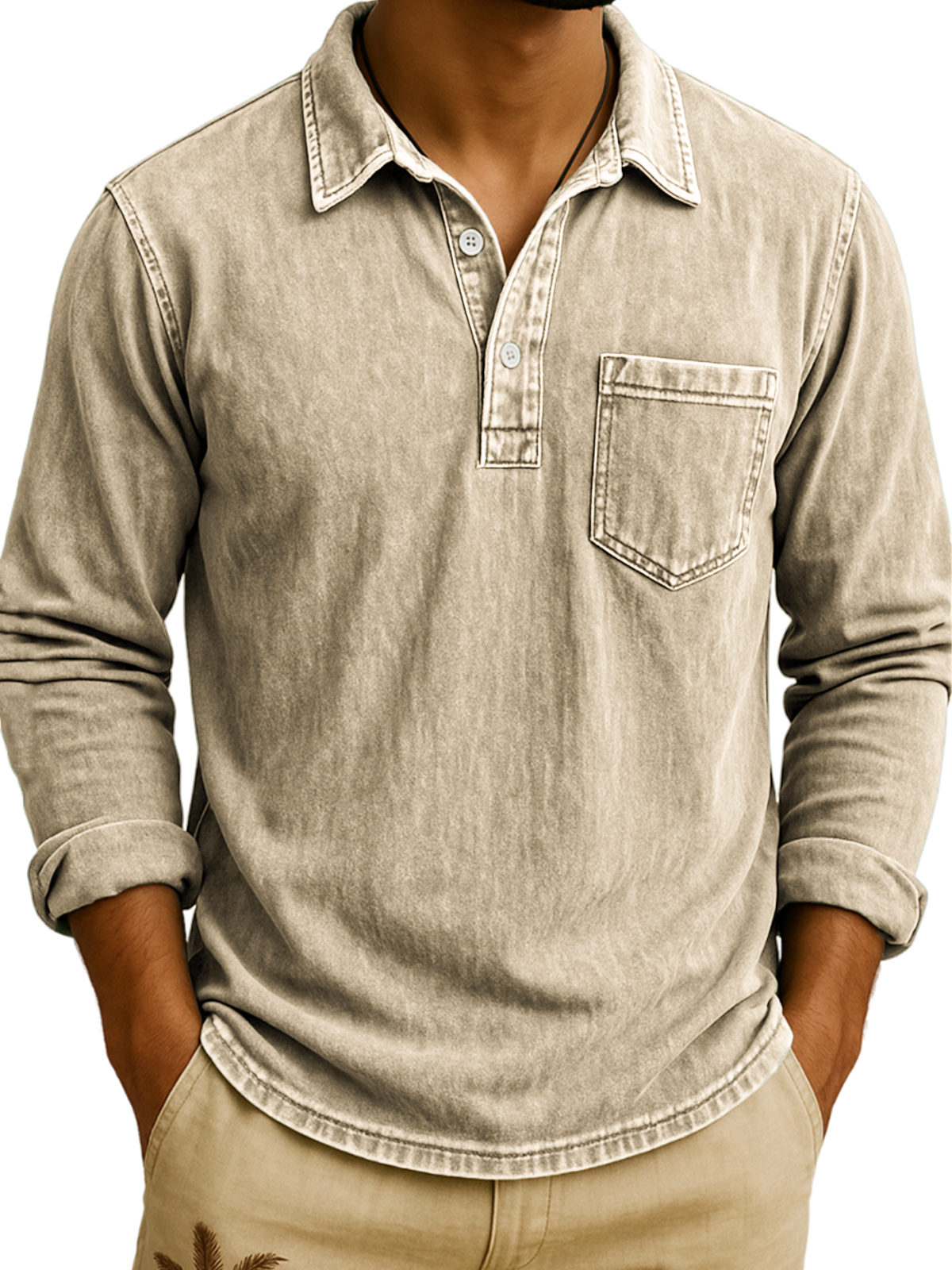 Men's Vintage Long Sleeve Polo Shirt with Chest Pocket