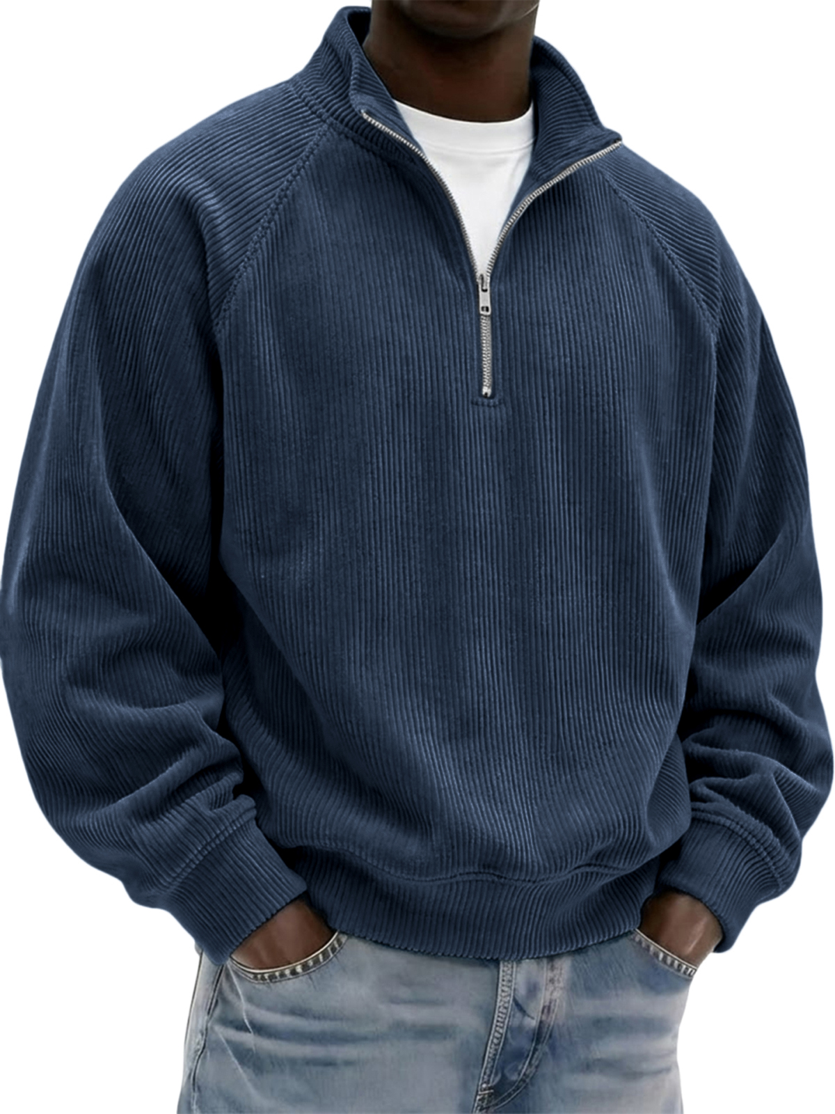 Men's Stylish Vintage Corduroy Quarter-zip Raglan Sleeve Pullover Polo Shirt