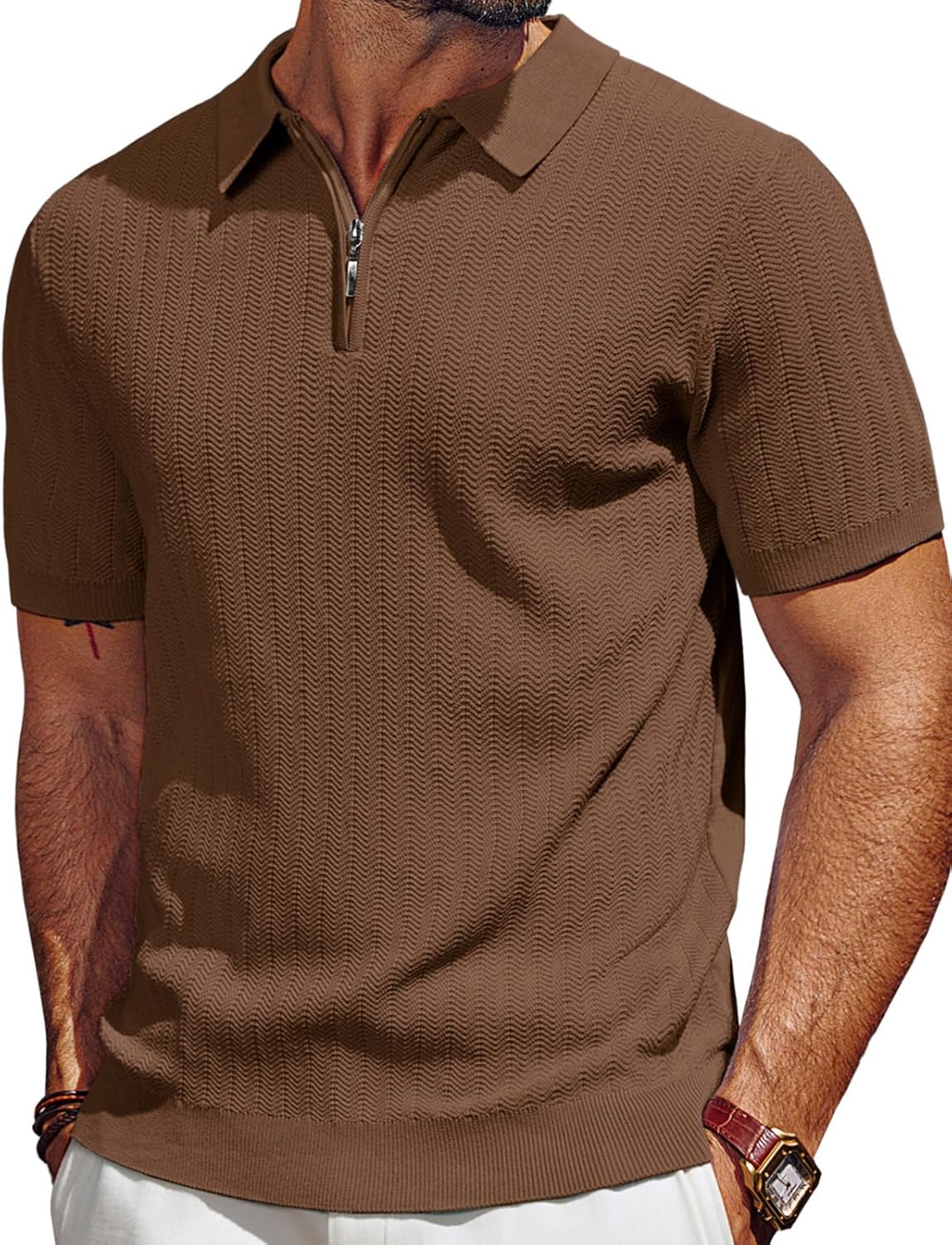 Men's Polo Shirts Quarter Zip Textured Knit Shirts Summer Shirt
