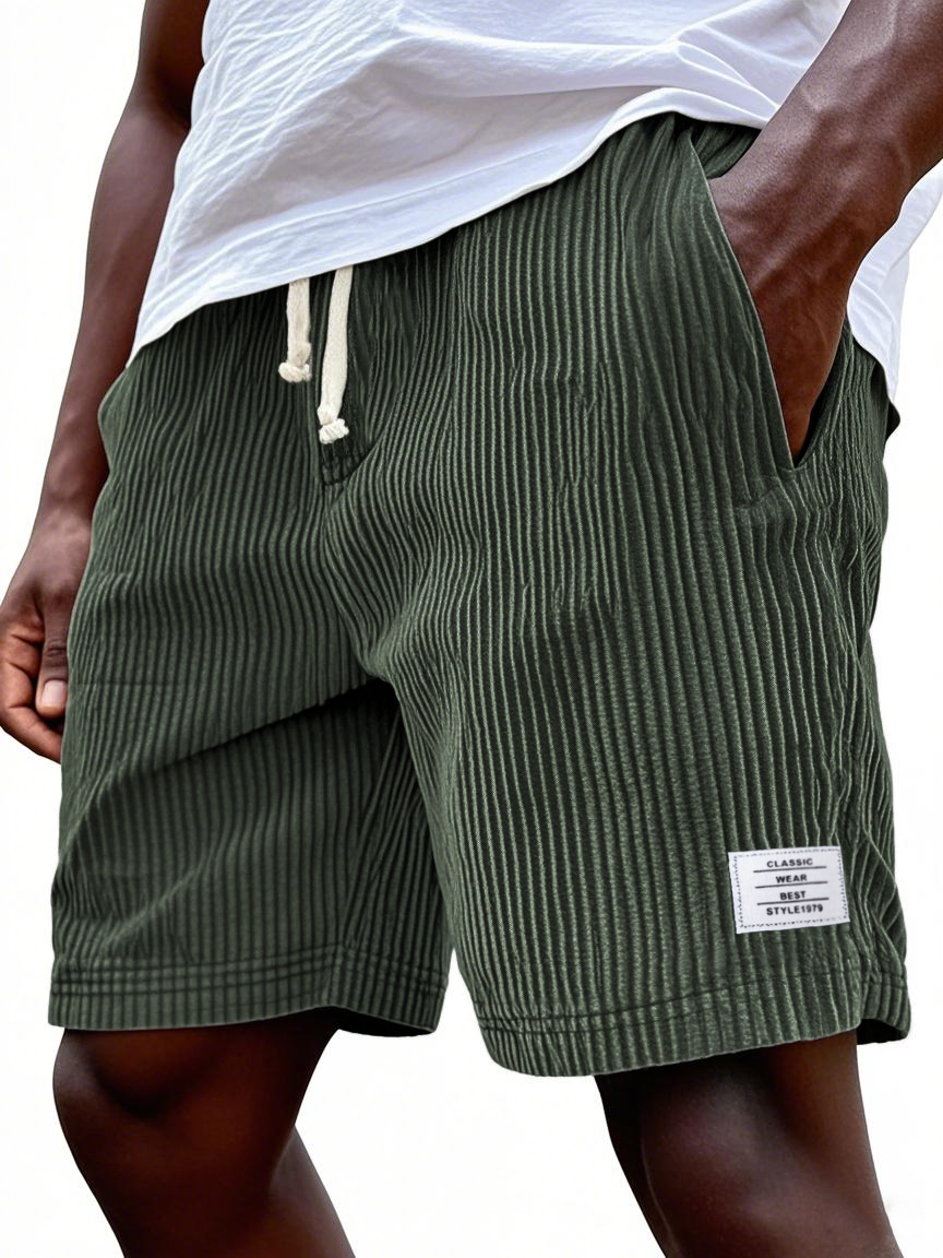 Mens Stylish Ribbed Simple Embroidered Corduroy Loose Lace-up Casual Shorts