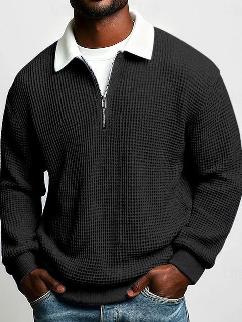 Elovard® Hawaii Basic Waffle Knit Men's Zip-Up Long-Sleeve Polo Shirt Big & Tall