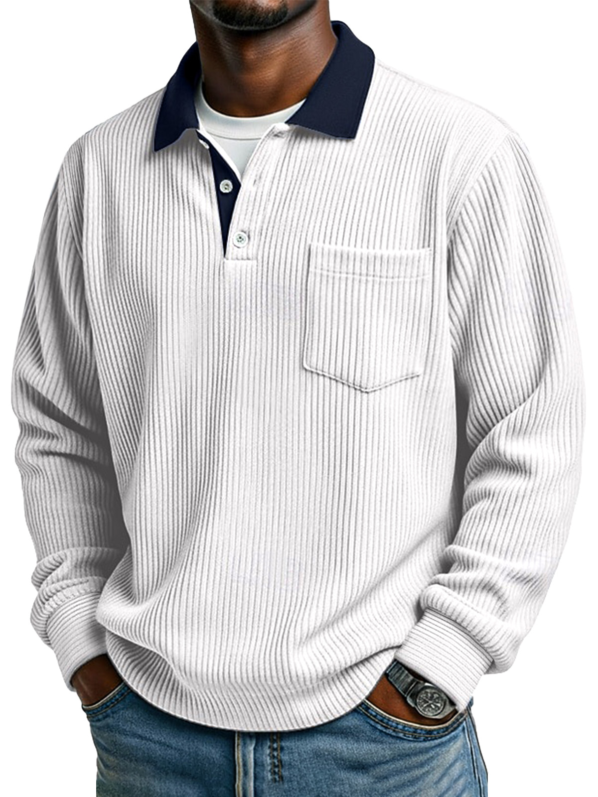 Retro Simple Collar Contrasting Corduroy Button Long-sleeved Polo Shirt