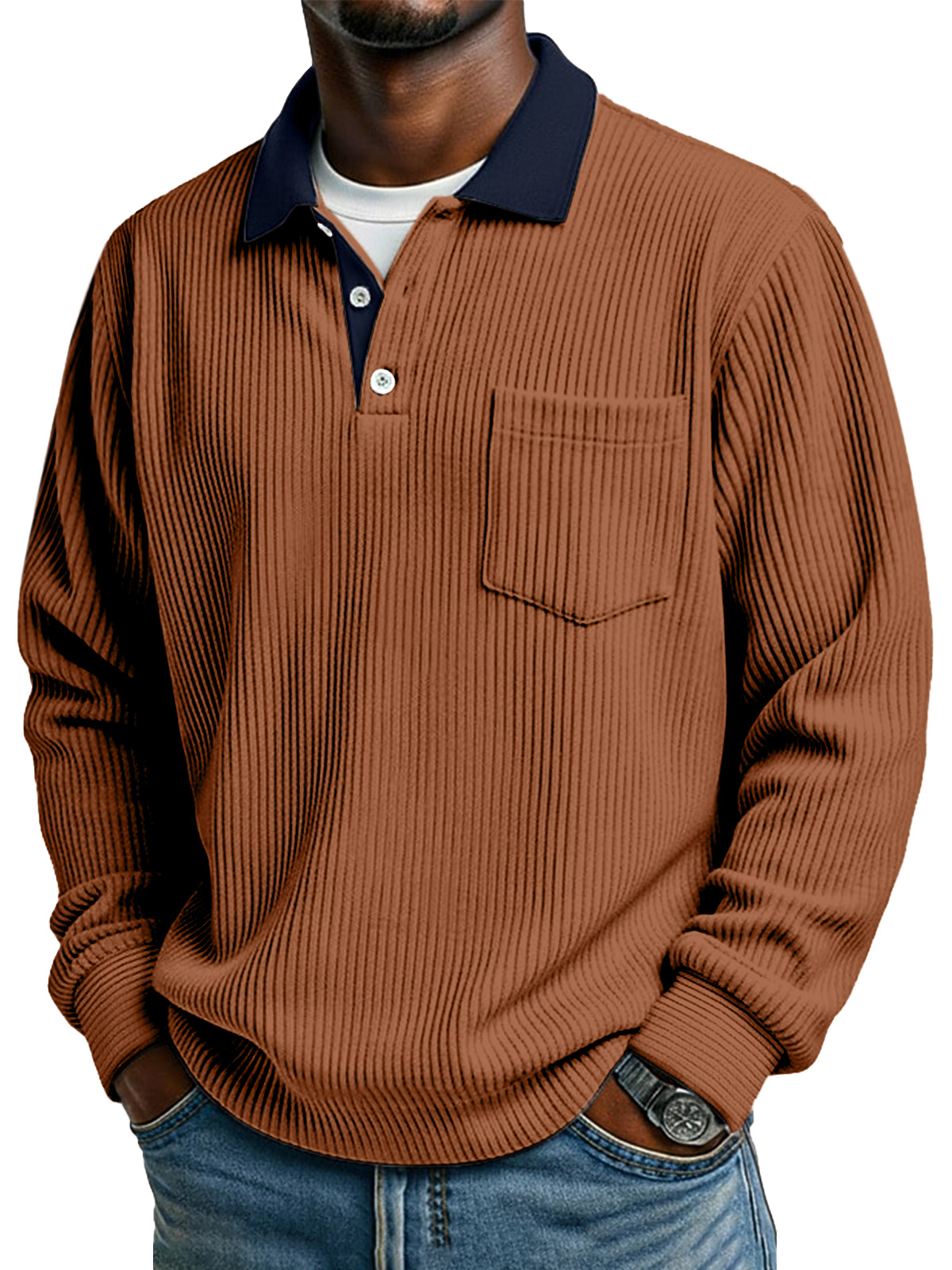 Retro Simple Collar Contrasting Corduroy Button Long-sleeved Polo Shirt