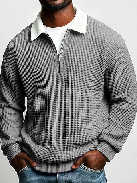 Elovard® Hawaii Basic Waffle Knit Men's Zip-Up Long-Sleeve Polo Shirt Big & Tall