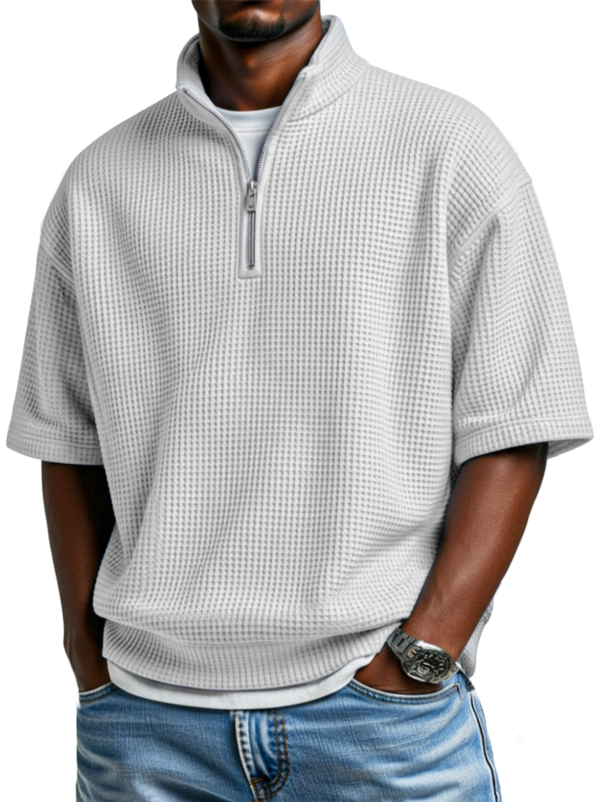 Men's simple basic waffle zipper stand collar short-sleeved POLO shirt