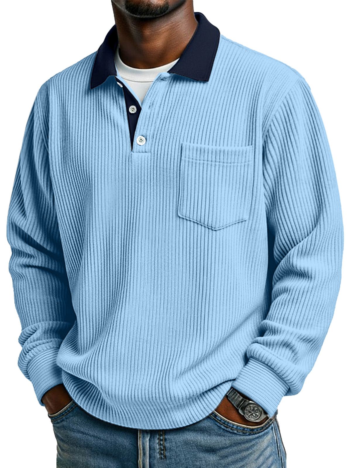 Retro Simple Collar Contrasting Corduroy Button Long-sleeved Polo Shirt