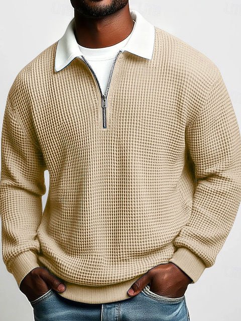 Elovard® Hawaii Basic Waffle Knit Men's Zip-Up Long-Sleeve Polo Shirt Big & Tall